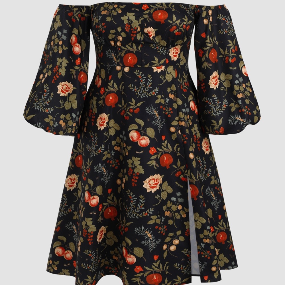Fruit & Floral Off-shoulder Slit Maxi Dress